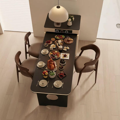 60"-79"Cream Style Kitchen Island with Black Dining Top, Power Outlets & Storage Cabinet