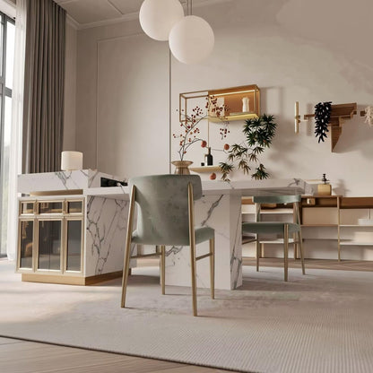 Luxury Marble Kitchen Island with Dining Table, Gold Trim & Built-in Power Station