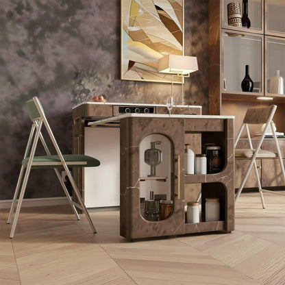 60"-79"Retro Marble Kitchen Island with Extendable Dining Table & Built-in Power Station