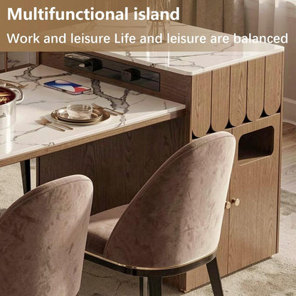 60"-79"Marble & Wood Kitchen Island Dining Combo with Built-in Outlets & Fluted Base
