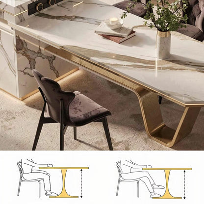 60"-79"Luxury Marble Kitchen Island Dining Combo with Built-in Outlets & Gold Trim Drawers
