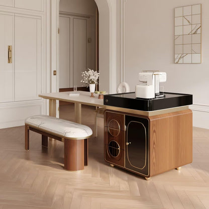 60"-79"Luxury Marble Kitchen Island with Dining Table, Gold Trim & Wooden Storage Cabinet