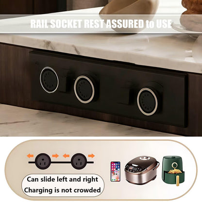 60"-79"Contemporary Marble & Walnut Kitchen Island with Built-in Outlets & Side Cabinet