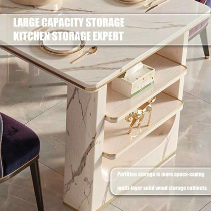 60"-79"Elegant Marble Kitchen Island Dining Set with Built-in Tea Station & Open Shelves