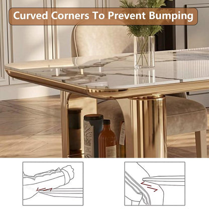 60"-79"Elegant Marble Kitchen Island Dining Set with Gold Metal Base & Built-in Power Station