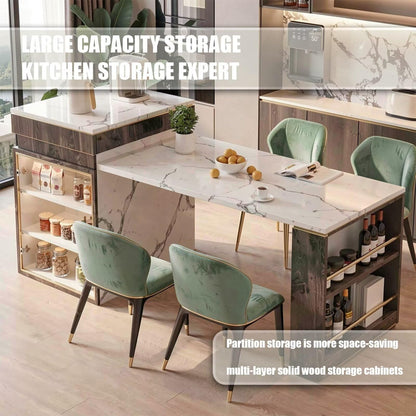 60"-79"Wood & Marble Kitchen Island Dining Combo with Built-in Power Strip & Open Storage Shelves