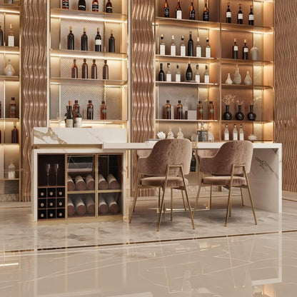 60"-79"Luxury Marble Kitchen Island Dining Combo with Built-in Wine Rack & Gold Trim