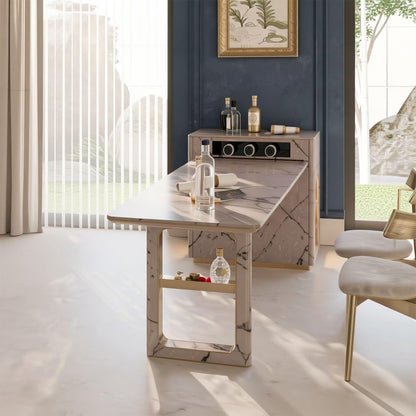 60"-79"Luxury Pink Marble Extendable Kitchen Island with Gold Trim & Side Wine Rack