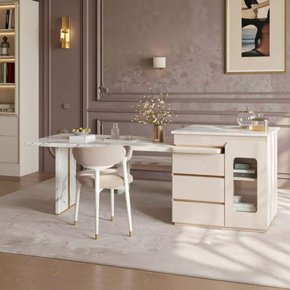 60"-79"White Marble Kitchen Island Dining Combo with Built-in Outlets & Storage Drawers