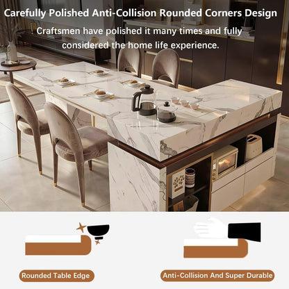 60"-79"Marble Kitchen Island Dining Combo with Built-in Tea Station & Open Storage