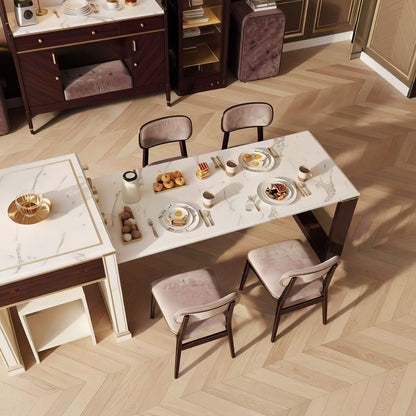 60"-79"Modern Kitchen Island with Marble Top, Wooden Base & Integrated Dining Table