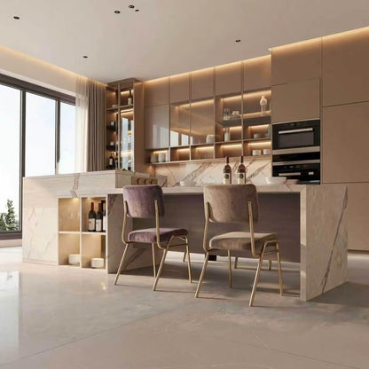 60"-79"Modern Marble Kitchen Island Dining Combo with Built-in Outlets & Open Wine Storage