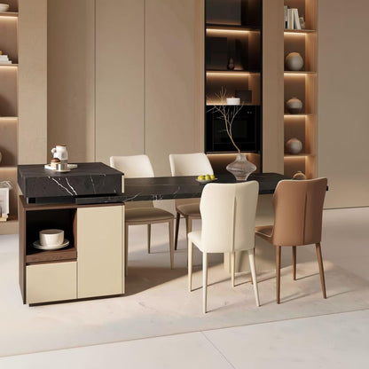 60-79"Modern Black Marble Kitchen Island with Dining Table & Built-in Power Station