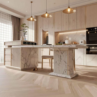 60"-79"Luxury White Marble Kitchen Island with Extendable Dining Table & Gold Trim