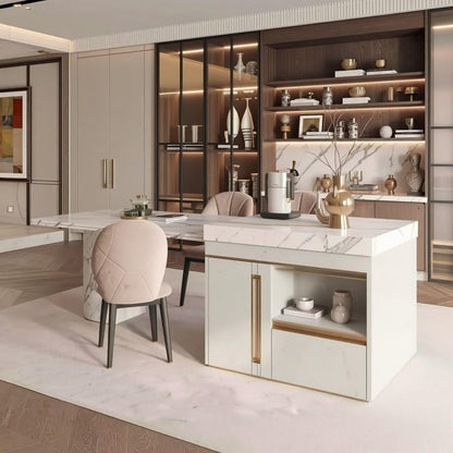 60"-79"Luxury White Marble Kitchen Island with Extendable Dining Table & Gold Trim