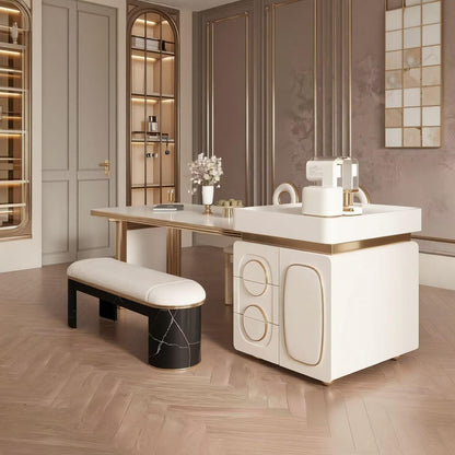 60"-79"White & Gold Kitchen Island Dining Combo with Built-in Outlets & Storage Cabinet