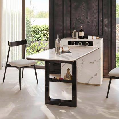 60"-79"White Marble Kitchen Island Dining Combo with Built-in Outlets & Side Storage