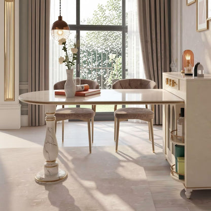 60"-79"Luxury Marble Kitchen Island with Oval Dining Table, Gold Trim & Wine Storage