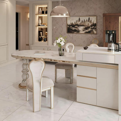 60"-79"Luxury Oval Marble Kitchen Island with Gold Trim, Built-in Power & Cabinet Storage