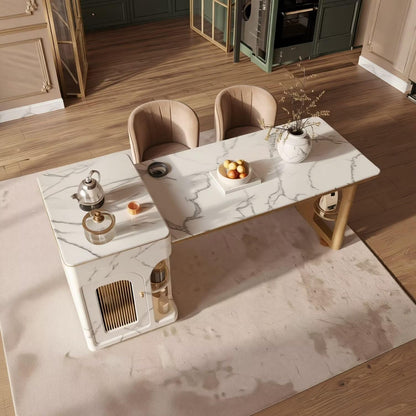 60"-79"Luxury Marble & Wood Kitchen Island with Integrated Dining Table & Tea Station