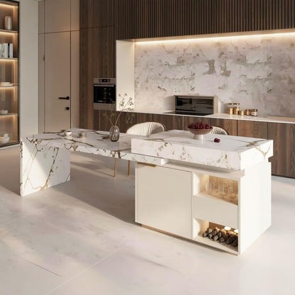 Elegant Italian Style Kitchen Island with Marble Top, Gold Base & Built-in Power Hub