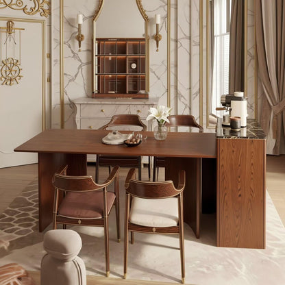 60"-79"Modern Walnut Kitchen Island Combo with Dining Table & Marble Countertop