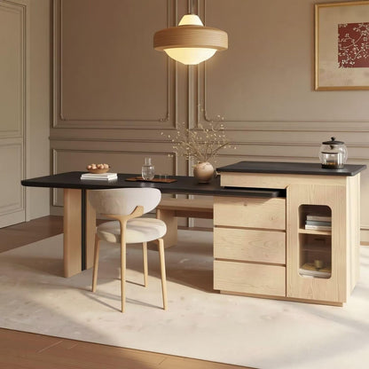 Modern Wood Kitchen Island with Black Dining Table & Built-in Power Station