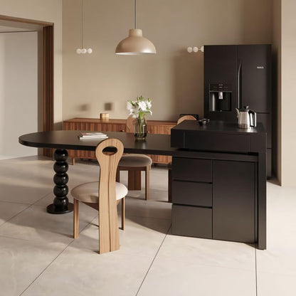 60"-79"Modern Dark Wood Kitchen Island with Oval Dining Table & Built-in Outlets