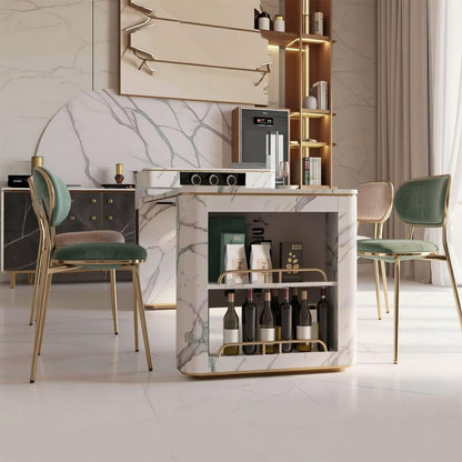 60"-79"Marble Kitchen Island Dining Table with Wine Rack & Storage, Luxury Gold Trim
