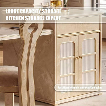 60"-79"French Cream Marble Kitchen Island Dining Combo with Storage Cabinet & Gold Trim