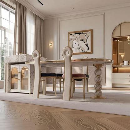 60"-79"Luxury Marble Kitchen Island with Oval Dining Table, Tea Station & Gold Trim