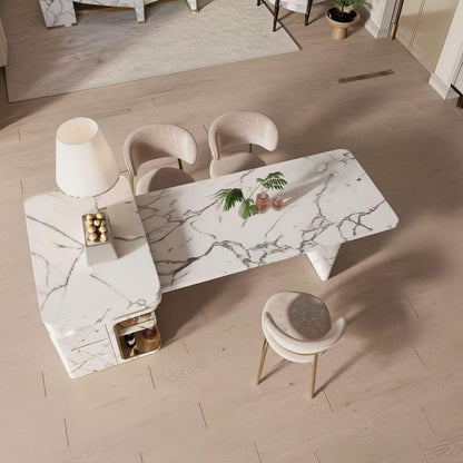 60"-79"White Marble Kitchen Island Dining Combo with Built-in Outlets & Side Wine Storage