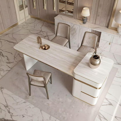 60"-79"Cream Marble Kitchen Island Dining Combo with Built-in Outlets & Storage Drawers
