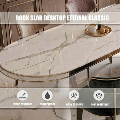 60"-79"White Marble Oval Kitchen Island Dining Combo with Built-in Outlets & Storage