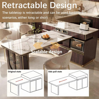 60"-79"Elegant Marble Kitchen Island Dining Set with Appliance Storage & Built-in Outlets