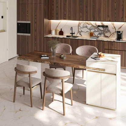 60"-79"Wood & Marble Kitchen Island Dining Table Combo with Built-in Outlets, Modern Luxury