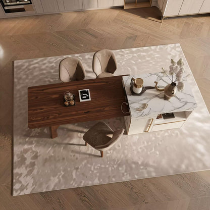 60"-79"Wood & Marble Kitchen Island with Dining Table, Storage Cabinet & Power Station