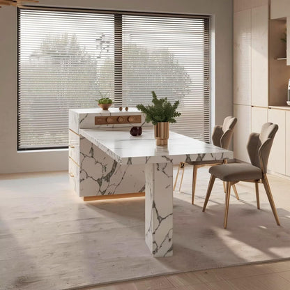 60"-79"Modern White Marble Kitchen Island Combo with Dining Table & Drawer Storagen