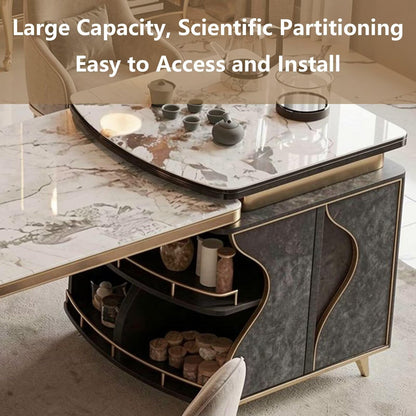 60"-79"Luxury Marble Kitchen Island with Integrated Dining Table, Tea Set & Gold Trim