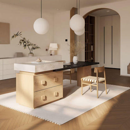 60"-79"Wood & Marble Kitchen Island with Integrated Dining Table & Storage Drawers