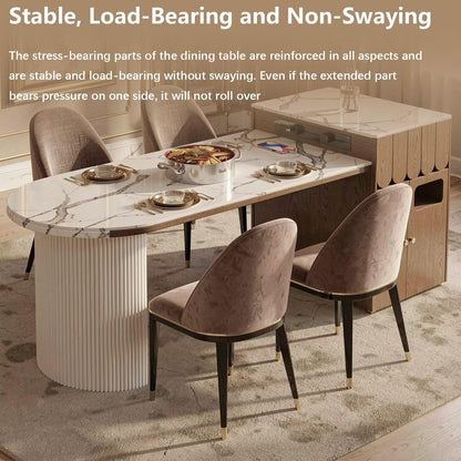 60"-79"Marble & Wood Kitchen Island Dining Combo with Built-in Outlets & Fluted Base