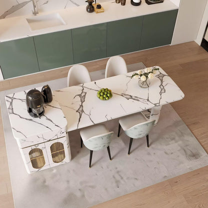 Marble Kitchen Island with Extendable Dining Table, Power Station & Storage Cabinet