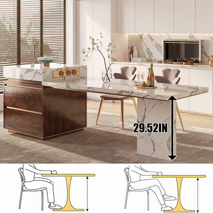 60"-79"Elegant Marble Kitchen Island Dining Set with Wood Accents & Integrated Storage