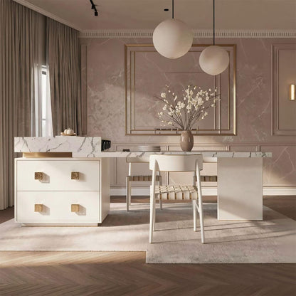 60"-79"Elegant Calacatta Marble Kitchen Island with Dining Table & Storage Cabinet
