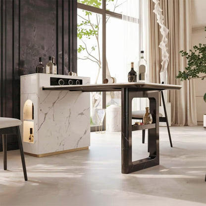 60"-79"White Marble Kitchen Island Dining Combo with Built-in Outlets & Side Storage
