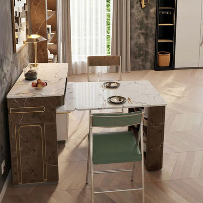 60"-79"Retro Marble Kitchen Island with Extendable Dining Table & Built-in Power Station