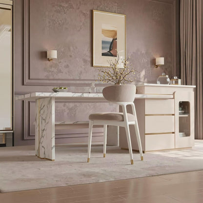 60"-79"White Marble Kitchen Island Dining Combo with Built-in Outlets & Storage Drawers