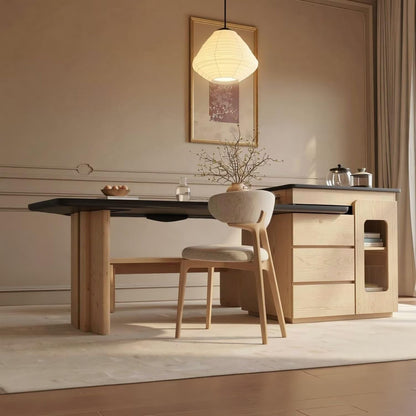 Modern Wood Kitchen Island with Black Dining Table & Built-in Power Station