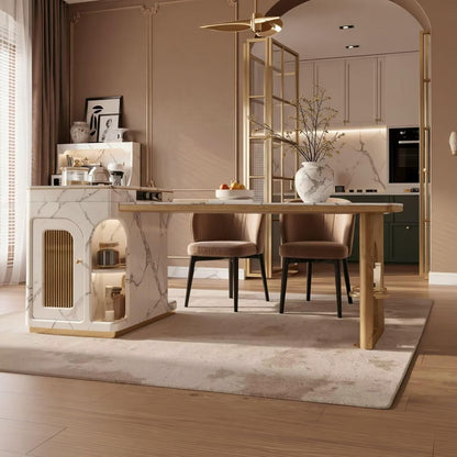 60"-79"Luxury Marble & Wood Kitchen Island with Integrated Dining Table & Tea Station