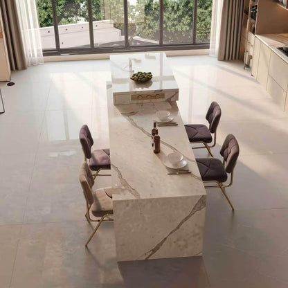 60"-79"Modern Marble Kitchen Island Dining Combo with Built-in Outlets & Open Wine Storage